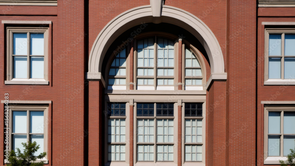 Obraz premium Brick Building Facade with Arch Window and Rectangular Windows