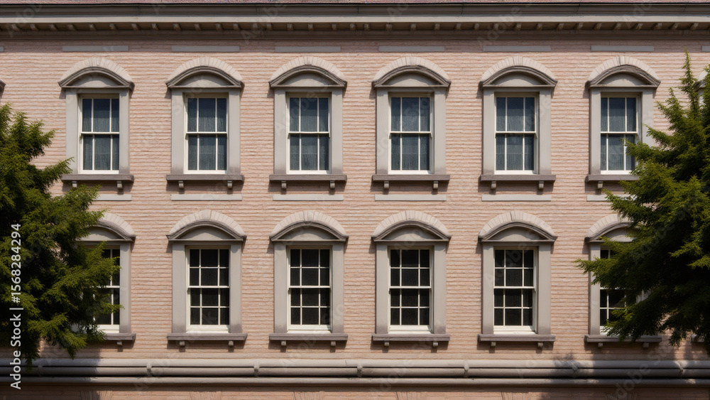 Fototapeta premium Neoclassical Facade with Arched Windows & Brickwork: Architectural Exterior