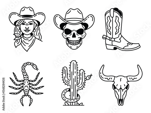 Western Tattoo Line Art Icons – Cowboy Woman, Skull, Boot, Scorpion, Cactus with Snake, and Bull Skull in Thin Black Ink Style with Sparkle Accents
