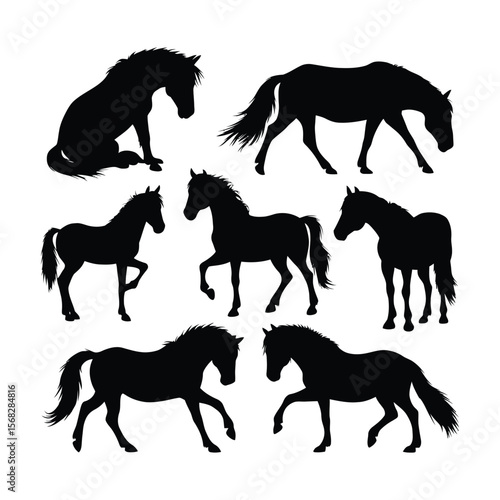 Multiple black silhouette images of horses in various poses against a white background
