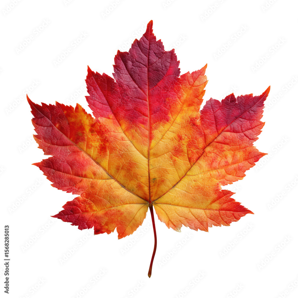 Vibrant autumn leaf in shades of red orange and yellow isolated on white background Vibrant autumn leaf in shades of red orange and yellow isolated on white background