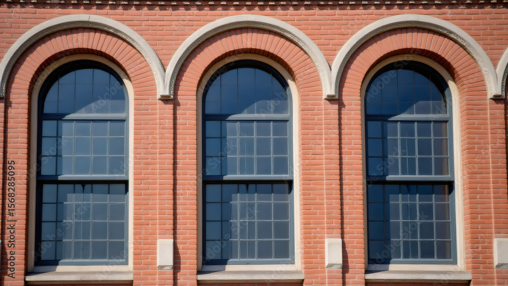 Fototapeta premium Three Arched Windows in Red Brick Building Facade
