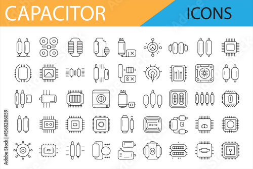 Capacitor Icons for Electronic Circuit Diagrams, Set of Line Art Symbols

