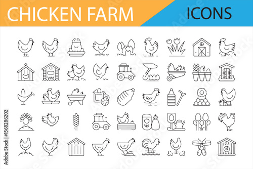 Various Chicken Farm and Poultry Farming Equipment Icons in Simple Line Art

