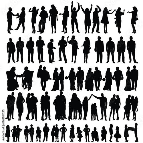 Black silhouette figures of various people in different poses sizes and activities