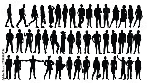 Collection of black human silhouettes standing in various poses and clothing