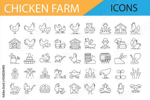 Farm Icons Collection with Hens, Roosters, and Agricultural Equipment