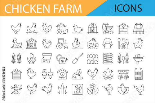 Poultry Farm and Farming Icons Featuring Hens and Eggs in Line Art