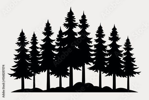 Coniferous Forest Silhouettes – Pine, Spruce, and Evergreen Tree Vector Illustration of Nature Landscape"