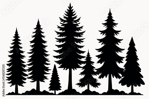 Coniferous Forest Silhouettes – Pine, Spruce, and Evergreen Tree Vector Illustration of Nature Landscape"