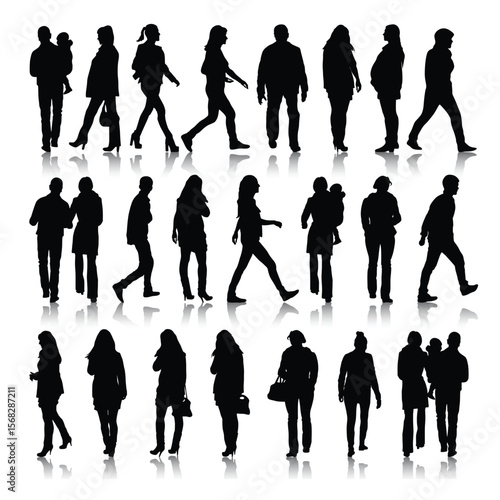Silhouettes of people walking are arranged in rows and columns with reflective shadows below