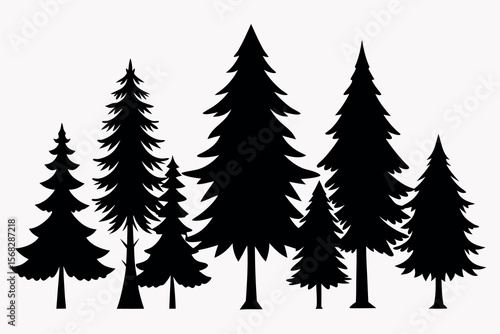 Coniferous Forest Silhouettes – Pine, Spruce, and Evergreen Tree Vector Illustration of Nature Landscape"
