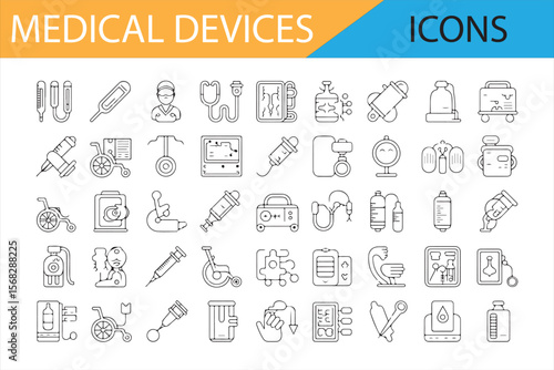 Healthcare Equipment and Medical Devices Icons for Design and Illustrations

