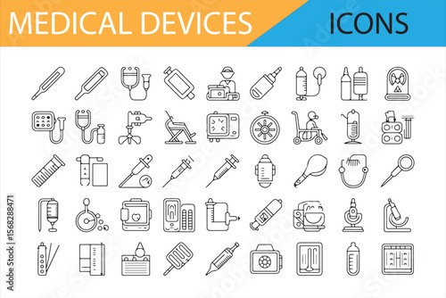 Medical Devices Icons Collection, Various Medical Instruments, Equipment, and Tools in Black Line Art for Healthcare and Design