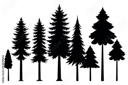 Coniferous Forest Silhouettes – Pine, Spruce, and Evergreen Tree Vector Illustration of Nature Landscape"