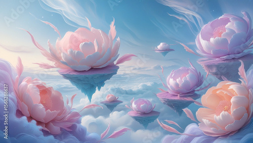 Surreal dream world painting with floating islands and giant flowers, pastel colors, fantasy art