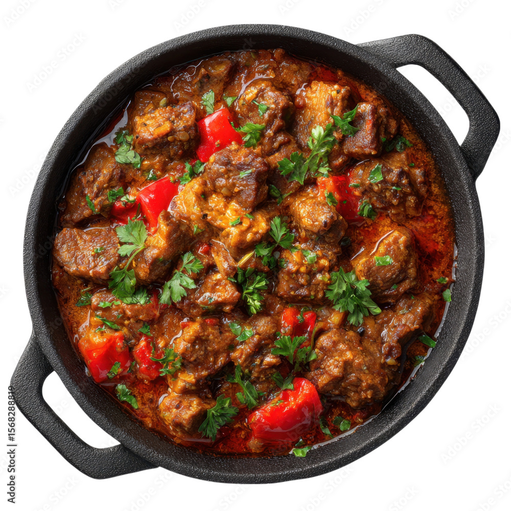 Delicious homemade beef goulash stew with red peppers and fresh parsley garnished in a cast iron pot Delicious homemade beef goulash stew with red peppers and fresh parsley garnished in a cast iron pot