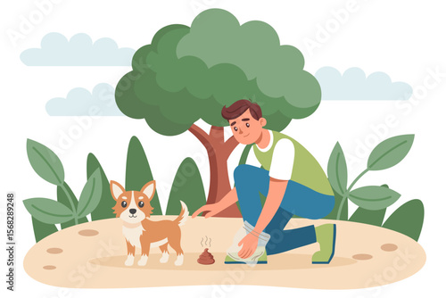 Man cleaning up after his dog in the park. Clean up after your dog concept. Dog owner cleaning up dog waste. Illustration.