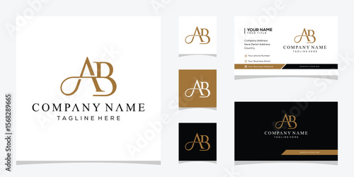Initial letter AB serif font logo design, golden icon vector concept, template business card