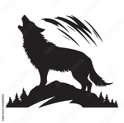 A black silhouette depicts a howling wolf atop a rock with stylized sound waves and pine trees nearby