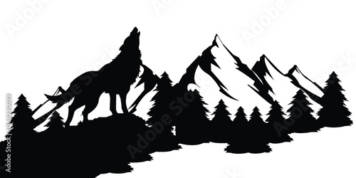 A silhouette of a wolf howling on a rock amidst mountains and pine trees