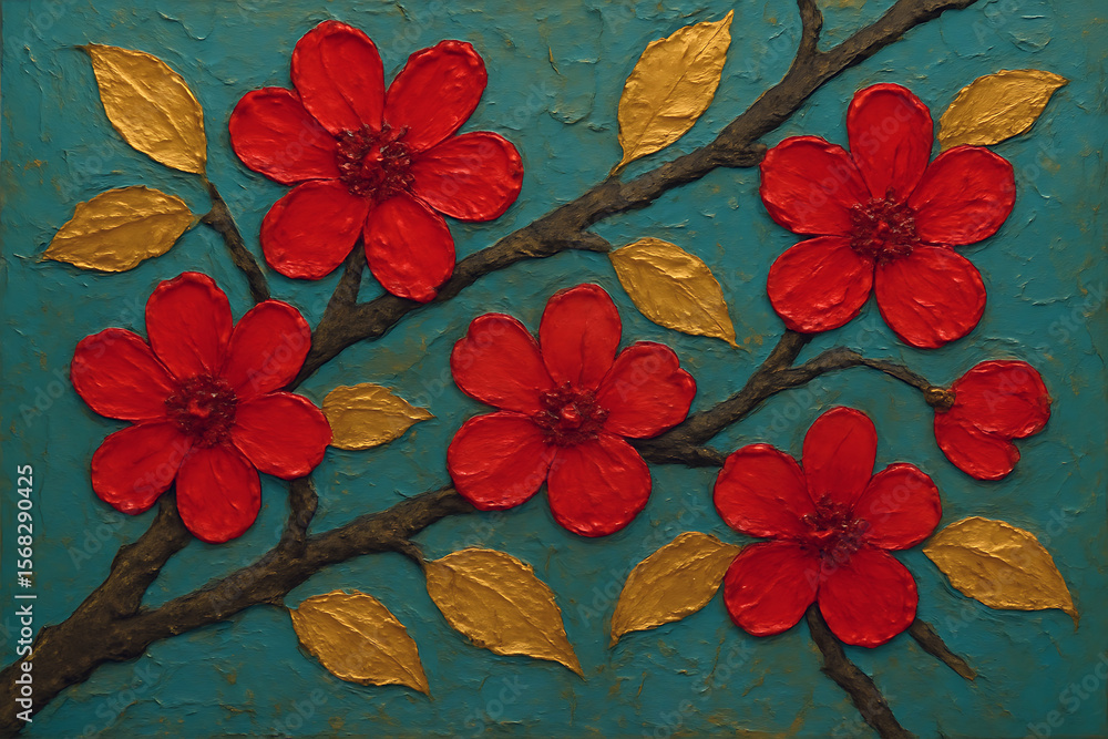 Textured Red Flowers and Gold Leaves on Branch Against Teal Background Textured Red Flowers and Gold Leaves on Branch Against Teal Background