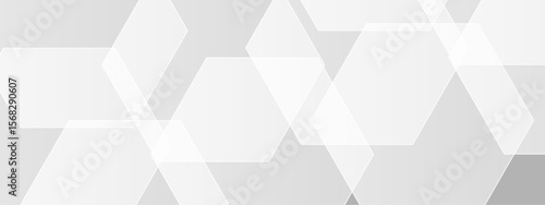 Abstract seamless background with overlapping translucent white hexagons on a light gray to white gradient backdrop. Clean, minimal, and geometric Ideal for use in tech, corporate, or medical design