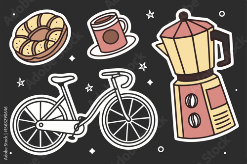 A collection of colorful and whimsical coffee-themed stickers, including a bicycle, coffee maker, espresso cup, pastry, and other related icons, all set against a black background