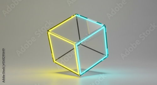 A neon cube, with yellow and cyan glowing edges, floats against a neutral gray background.