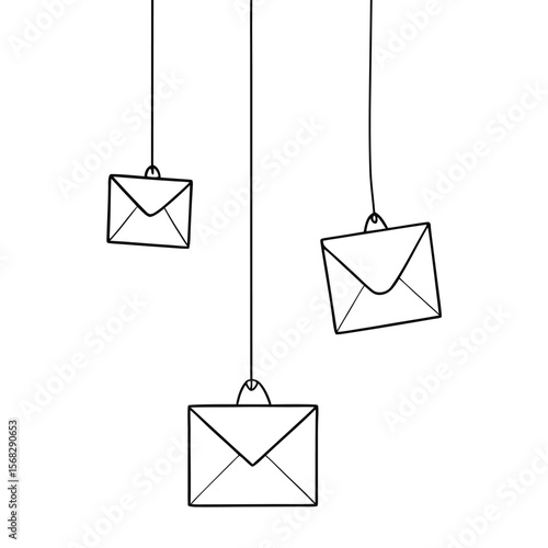 Three minimalist envelopes suspended by thin strings against a clean white background evoking a sense of communication and connection