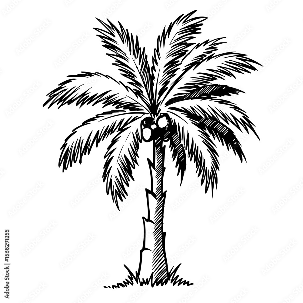 Fototapeta premium Tropical Paradise: A beautifully sketched palm tree stands tall, its fronds and trunk meticulously depicted.
