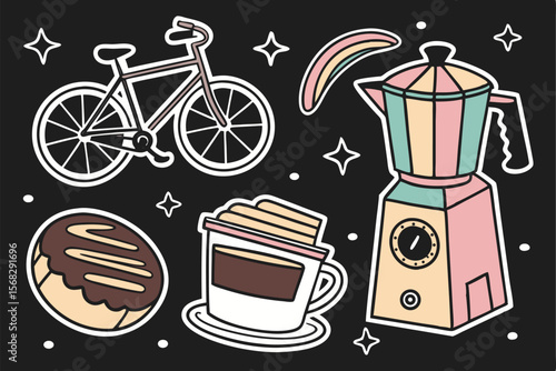 A collection of colorful and whimsical coffee-themed stickers, including a bicycle, coffee maker, espresso cup, pastry, and other related icons, all set against a black background