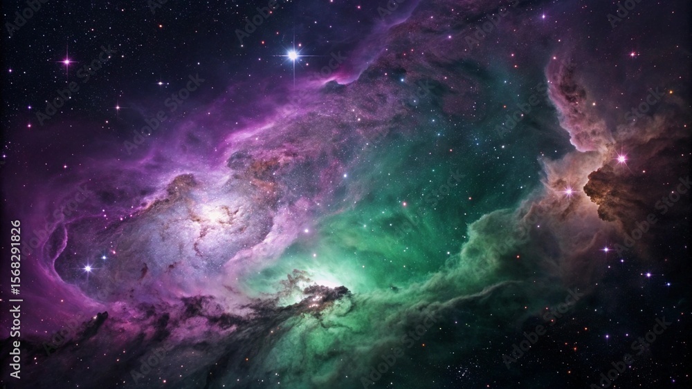 Fototapeta premium Cosmic Nebula with Purple and Green Gaseous Clouds in Dark Night Sky