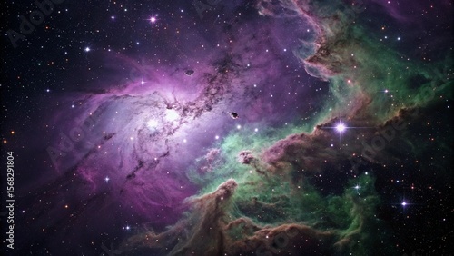 Cosmic Nebula with Purple and Green Gaseous Clouds in Dark Night Sky
