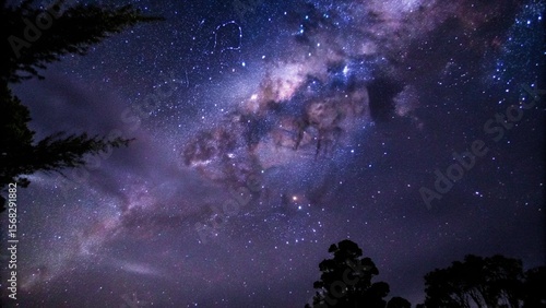 Cosmic Nebula with Purple and Green Gaseous Clouds in Dark Night Sky