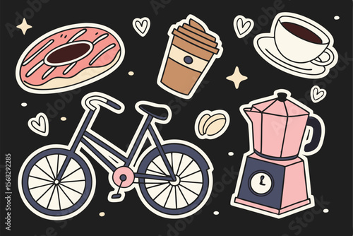 A collection of colorful and whimsical coffee-themed stickers, including a bicycle, coffee maker, espresso cup, pastry, and other related icons, all set against a black background