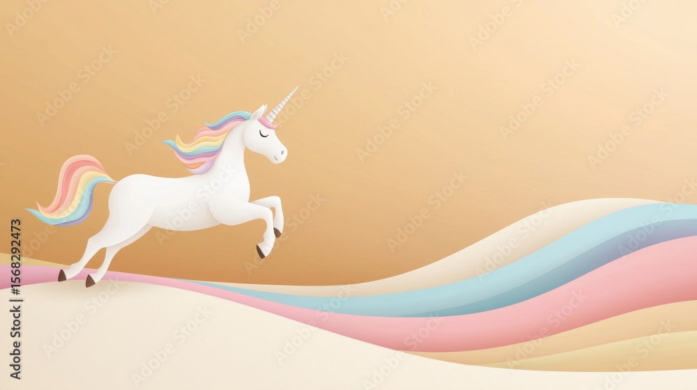 Obraz premium Cute Animals with Rainbow Cartoon unicorn with a rainbow mane and tail, galloping across a field of rainbows, magical and dreamy style