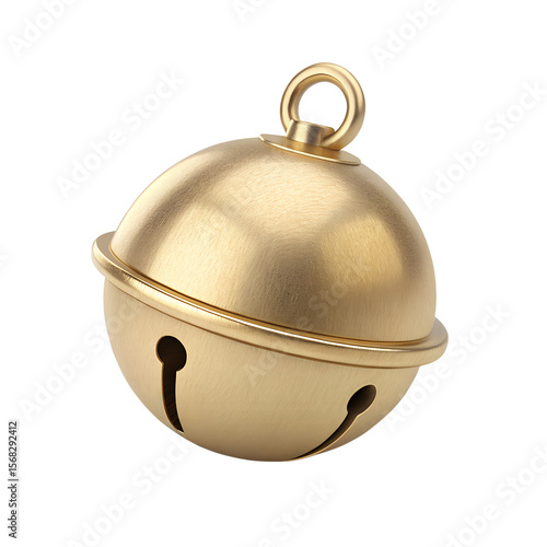 A shiny, gold-colored bell with a small slit and a loop at the top for hanging.