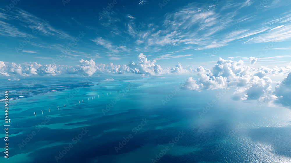 High Altitude Aerial Offshore Wind Turbine Array Turquoise Sea Broad Expanse Blue Gradient Background High Altitude Aerial Offshore Wind Turbine Array Turquoise Sea Broad Expanse Blue Gradient Background