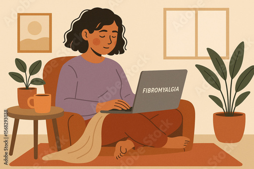 Flat Vector Illustration of Young Woman with Fibromyalgia Working on Laptop in Cozy Modern Home