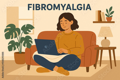 Flat Vector Illustration of Young Woman with Fibromyalgia Working on Laptop in Cozy Modern Home