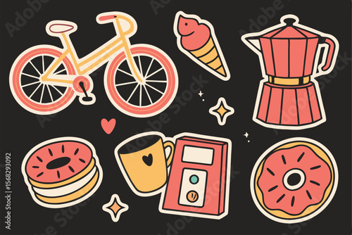 A collection of colorful and whimsical coffee-themed stickers, including a bicycle, coffee maker, espresso cup, pastry, and other related icons, all set against a black background