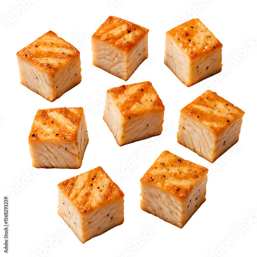 Cooked Chicken Breast Cubes Isolated on White - Healthy Protein for Meals - Transparent Background