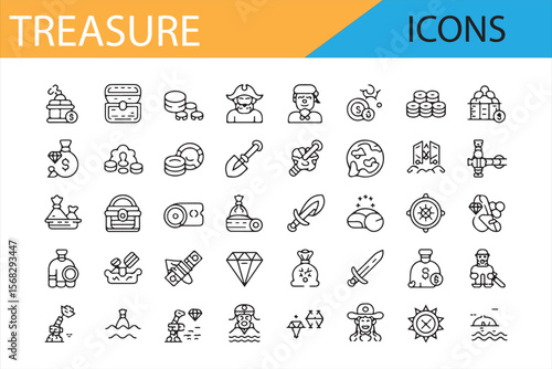 Black Line Art Treasure Icons Collection for Pirate and Adventure Themes