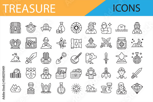 Treasure Icons Collection, Various Pirate, Coin, Gem, and Adventure Symbols in Black Line Art for Design and Illustration