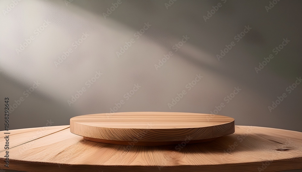 empty round wood table on beige gray wall background wooden rustic podium oak nature stand product display modern minimal cosmetic design empty round wood table on beige gray wall background wooden rustic podium oak nature stand product display modern minimal cosmetic design