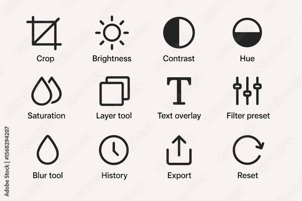 Editing icons set: crop, brightness, contrast, hue, saturation, layer tools, text, filters