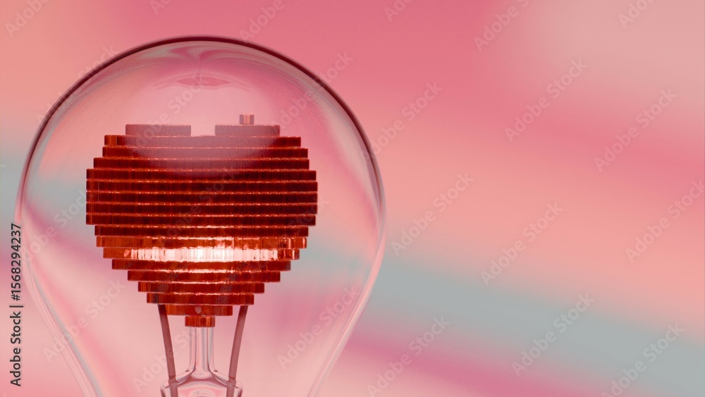 Fototapeta premium Light bulb with pixelated heart shaped filament under radial striped background