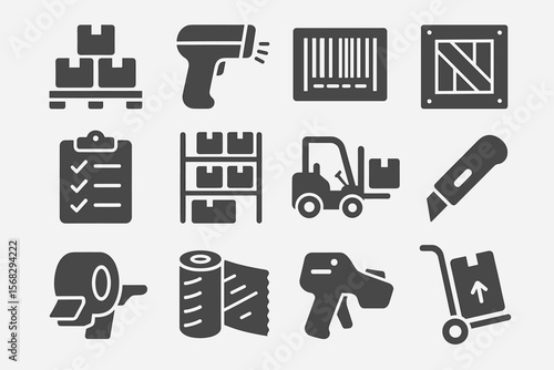 Warehouse symbols: barcode, forklift, packaging, and tools icons set