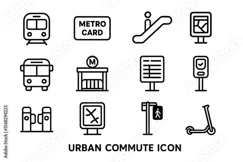 Urban commute icons collection: train, bus, metro, scooter, urban signage